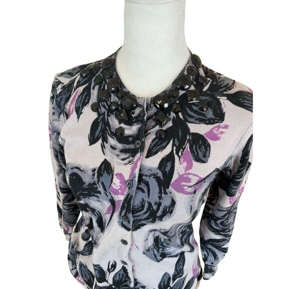 Black NWT Purple Pink Floral Cardigan Sweater with Black “Jewel” Accents Sz MP - Picture 3 of 10